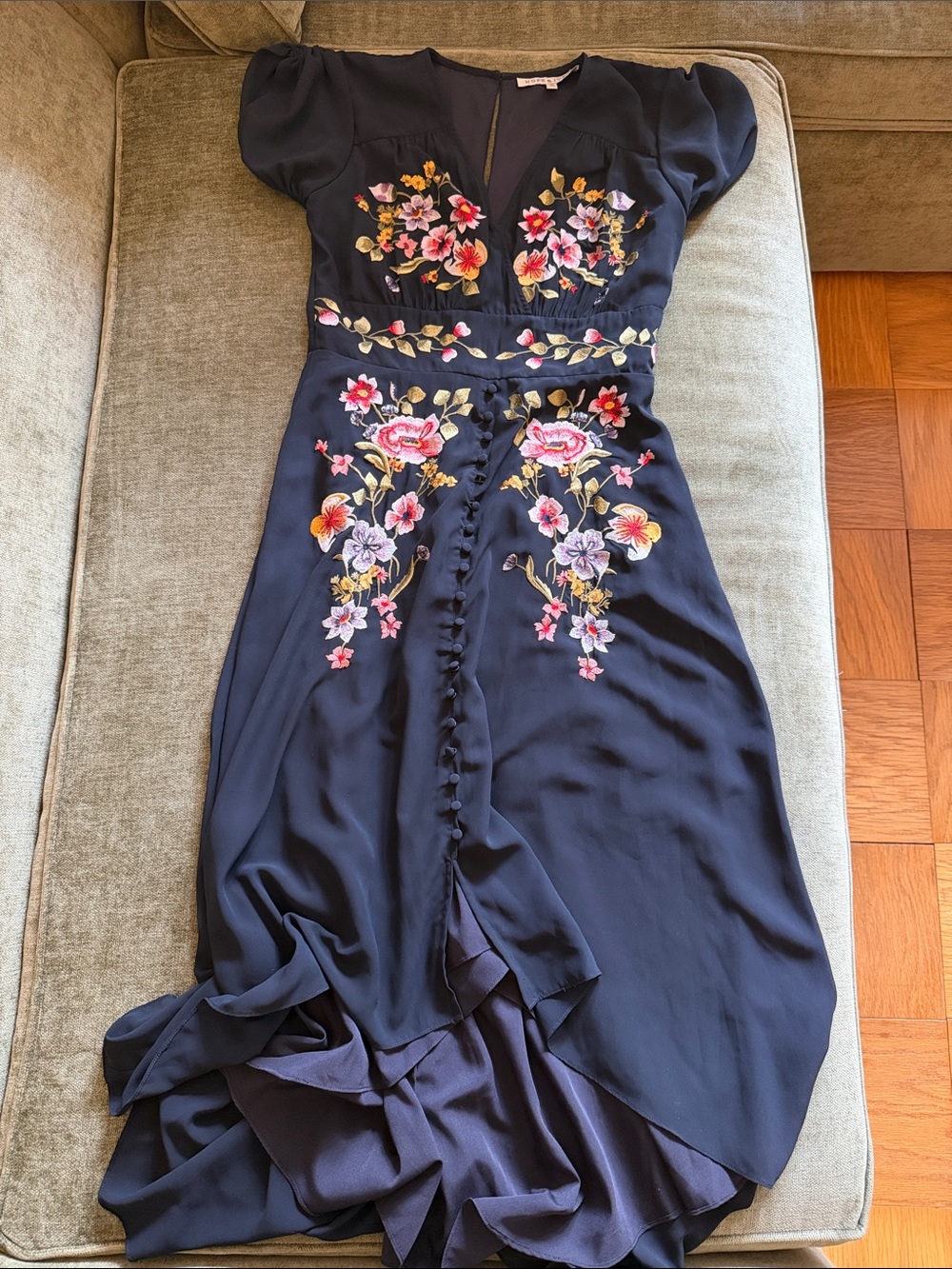 Navy Floral Embroidered High-Low Dress